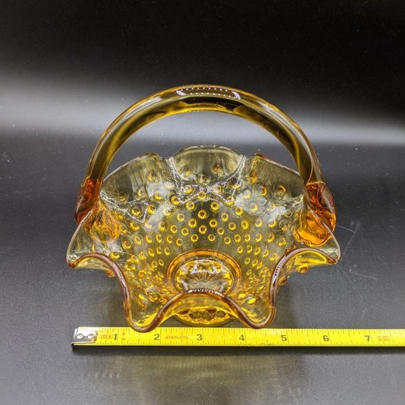 Amber Art Glass Hobnail Ruffled Edge Basket Applied Handle Vintage Candy Dish - Picture 4 of 7